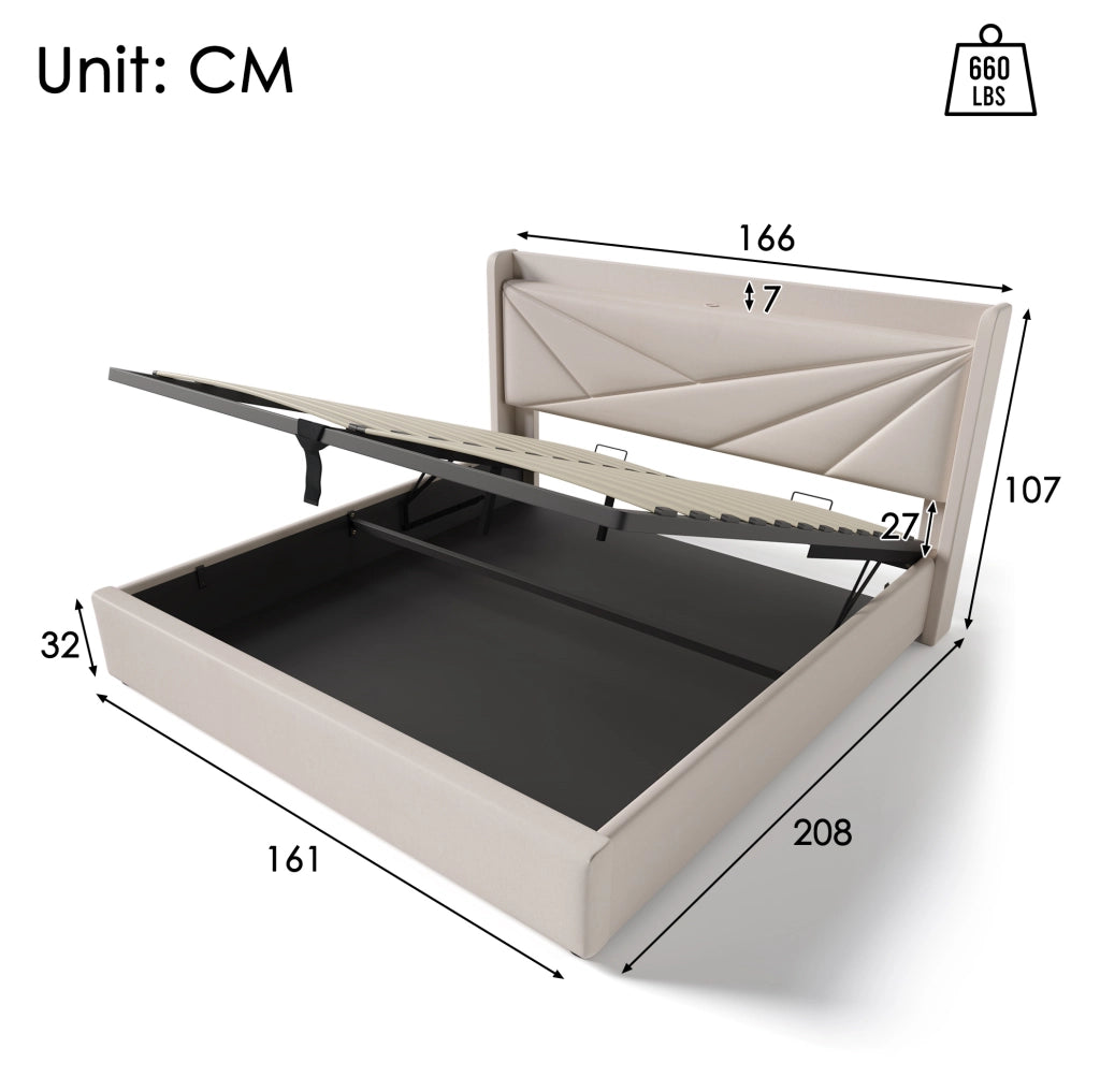 Letto matrimoniale contenitore 160x200 cm in cotone e lino beige con USB e Tipo C