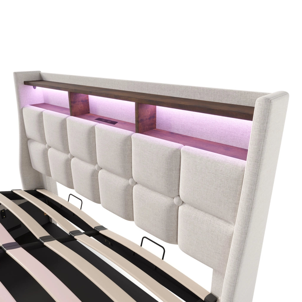 LETTO imbottito LED e USB 160x200 cm Beige con vano contenitore