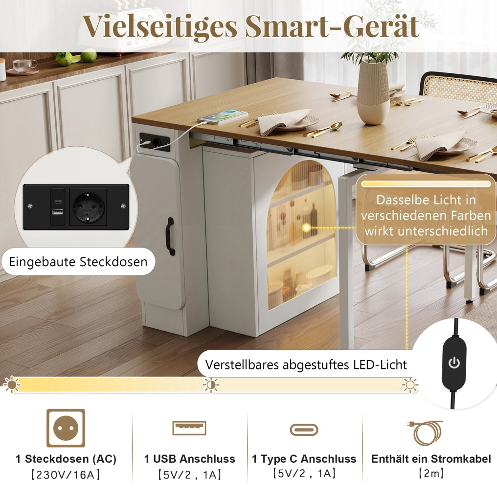 Isola cucina allungabile con ruote, LED e prese USB-C