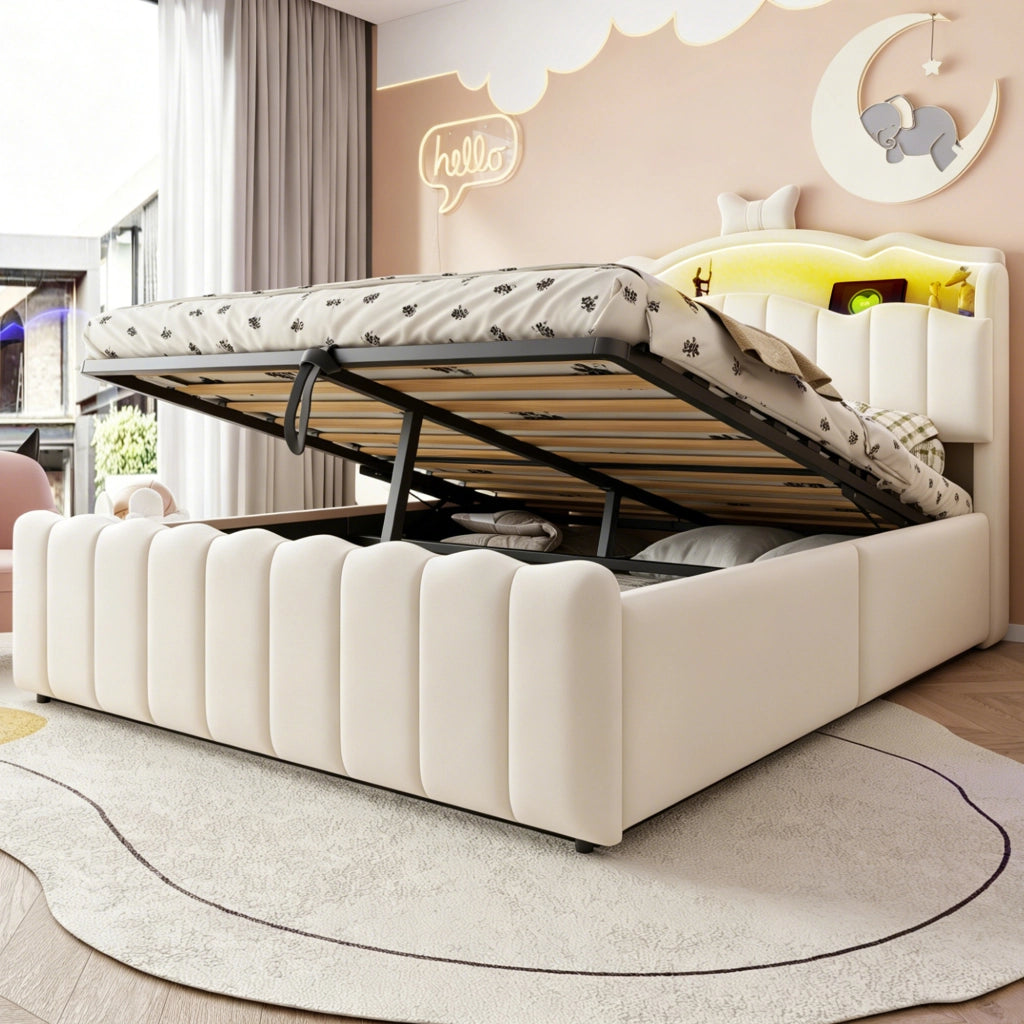 Letto imbottito 140x200 cm con vano contenitore idraulico; LED multicolore; USB e USB-C; velluto beige