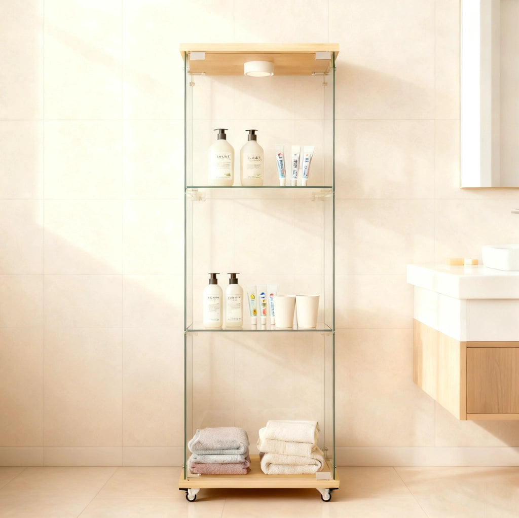 Vetrina con illuminazione LED e telecomando in MDF e vetro naturale