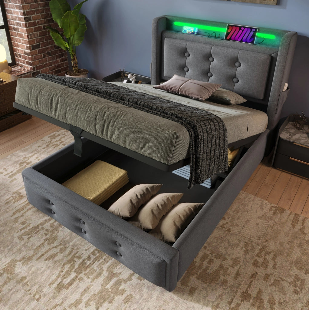 LETTO 90x200 cm con testiera LED e USB, cotone-lino grigio, materasso incluso