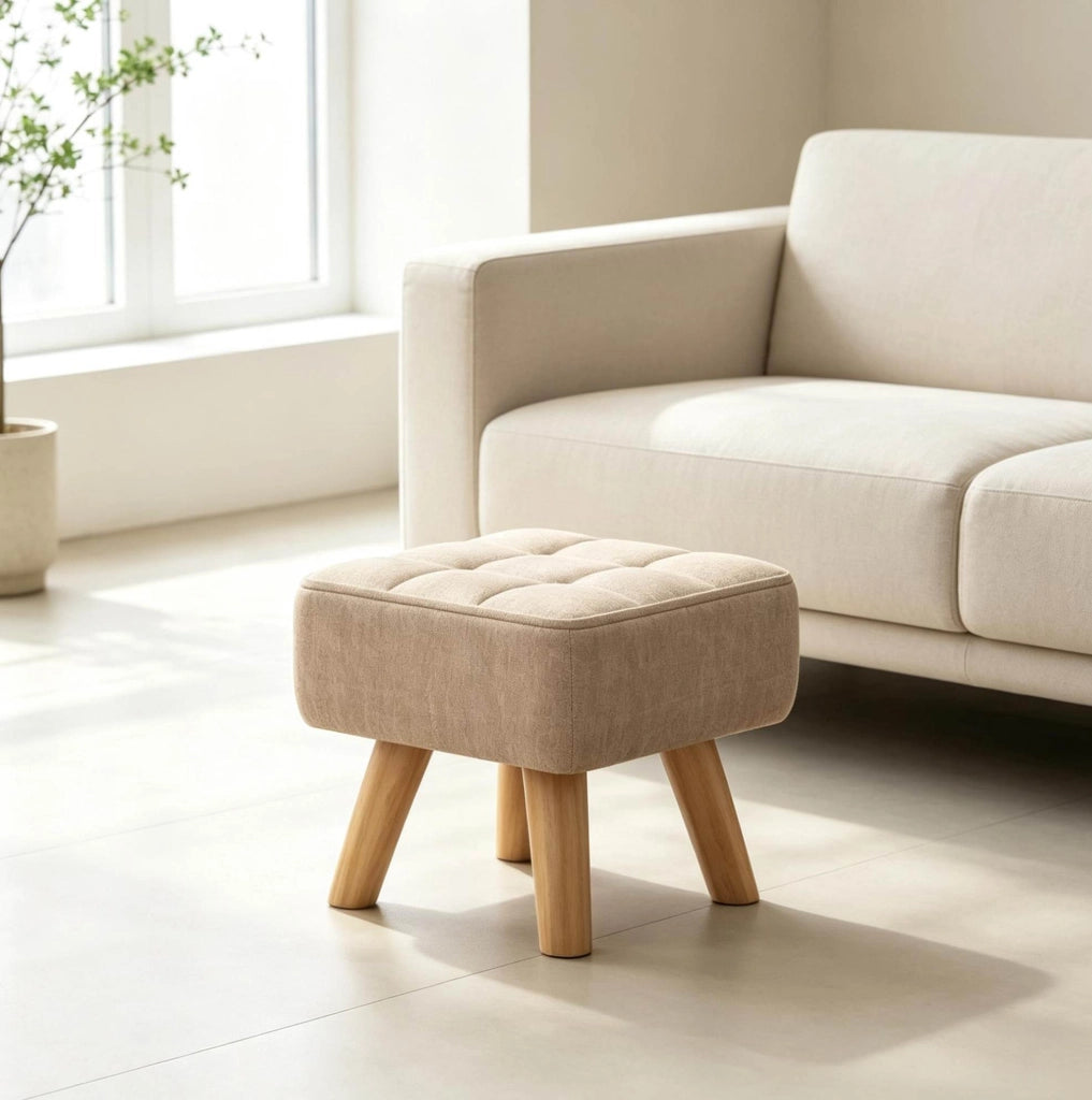 Pouf poggiapiedi imbottito in lino marrone chiaro 27 cm