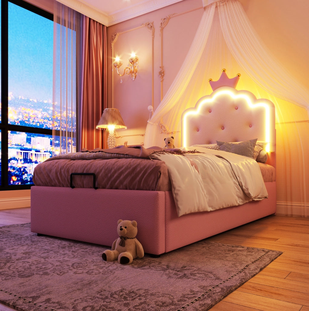 Letto per bambini imbottito 90x200 cm in PU e MDF con luce LED e contenitore, rosa