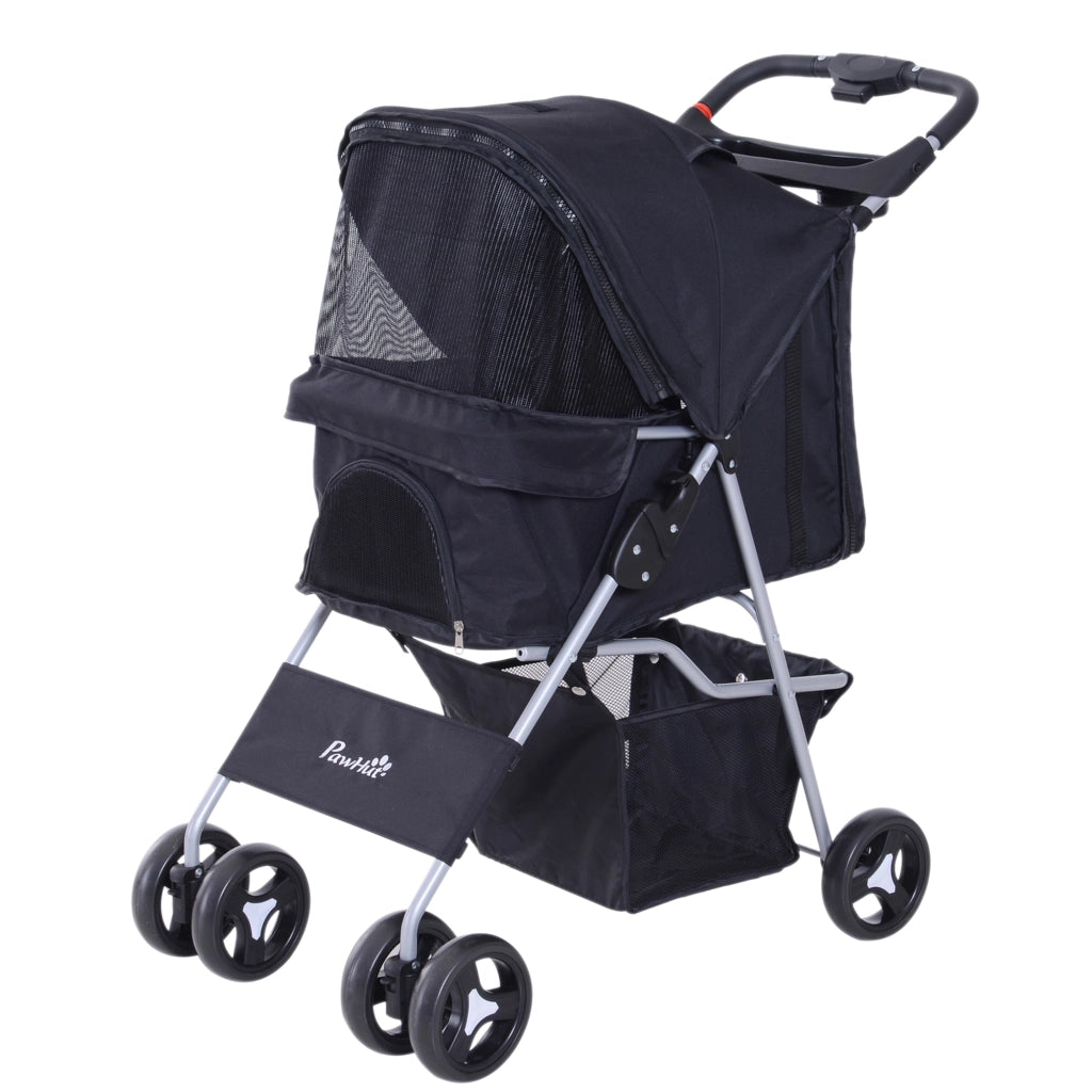 Passeggino per Cani Piccoli Pieghevole, Carrozzina Animali Domestici 10 kg Nero, con Ruote 360°, Freni, Portabicchieri e Cestino