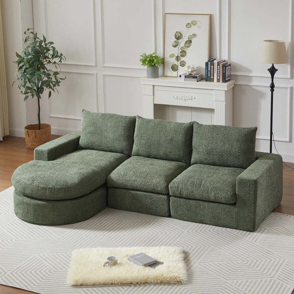Divano Ad Angolo Reversibile Modulare 4 Moduli con cuscini e poggiatesta in Chenille Verde