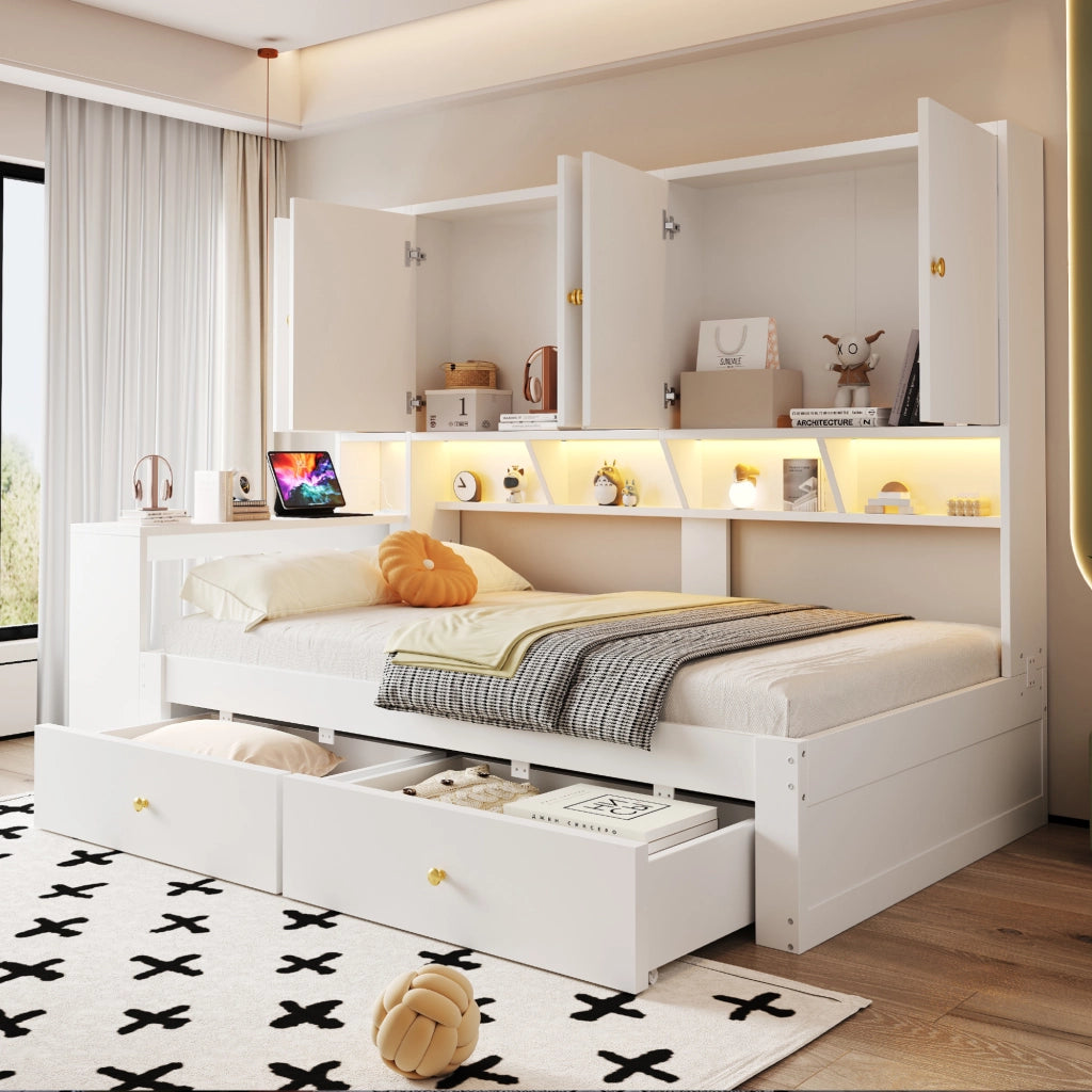 Letto per bambini 90x200 cm con scrivania integrata; LED; prese e cassetti; MDF bianco salvaspazio