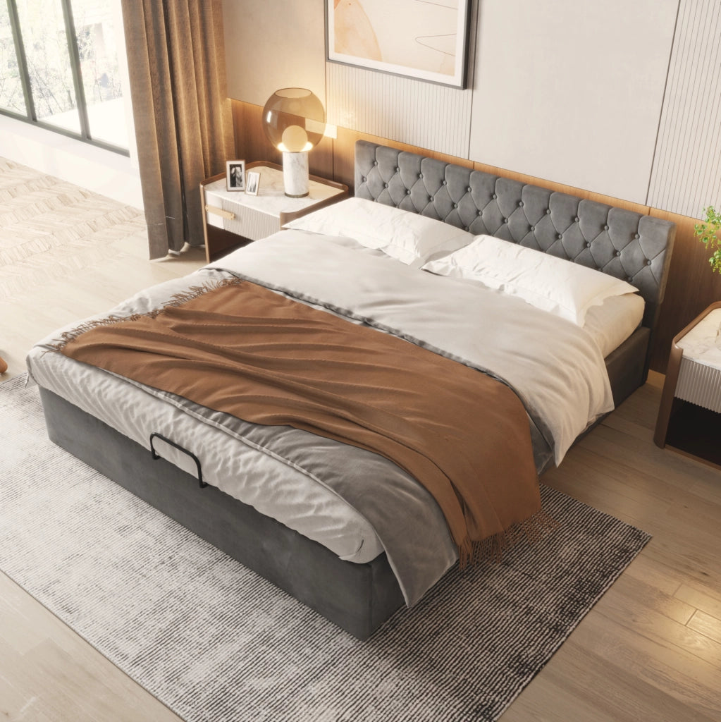 Letto matrimoniale imbottito grigio con contenitore idraulico 180 x 200 cm