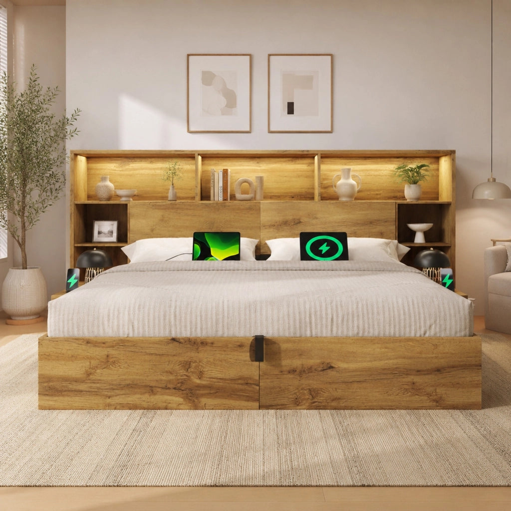 Letto matrimoniale con contenitore e rete a doghe legno rovere con comodini LED USB e USB-C