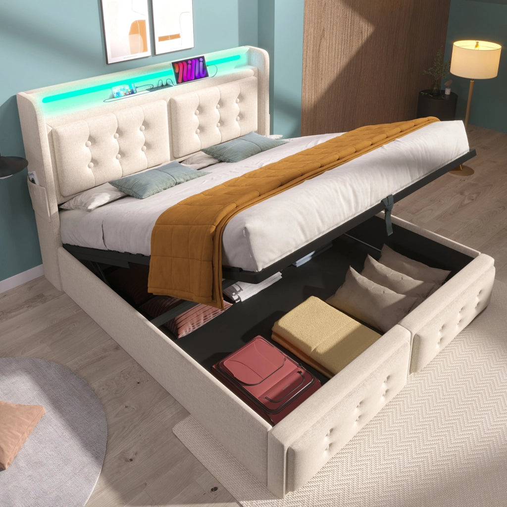 Letto imbottito 160 × 200 cm con LED, prese USB e Type-C, contenitore e materasso, beige