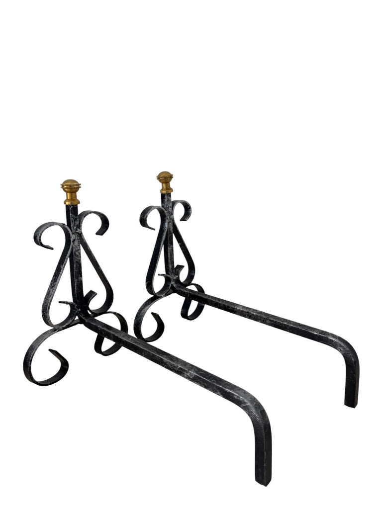 Alari in Ferro Battuto per Camino con Pomelli in Ottone, 30x26h cm, Design Decorativo