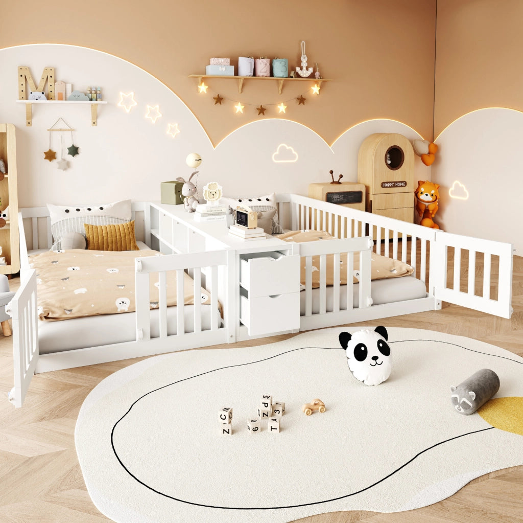 LETTO Doppio 90x200 cm in legno bianco con scaffale e 2 cassetti