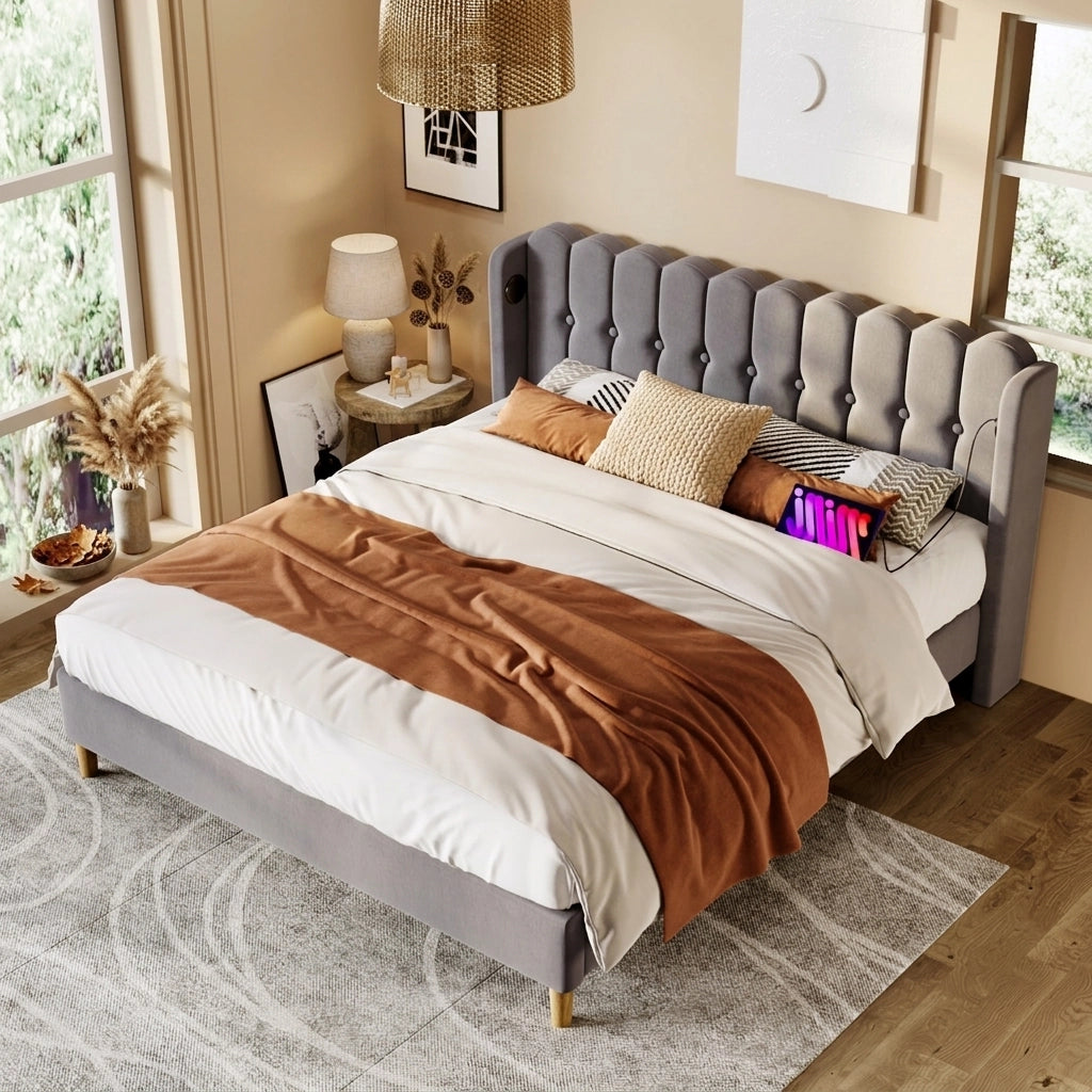 Letto matrimoniale imbottito grigio 180x200 cm con USB e USB-C