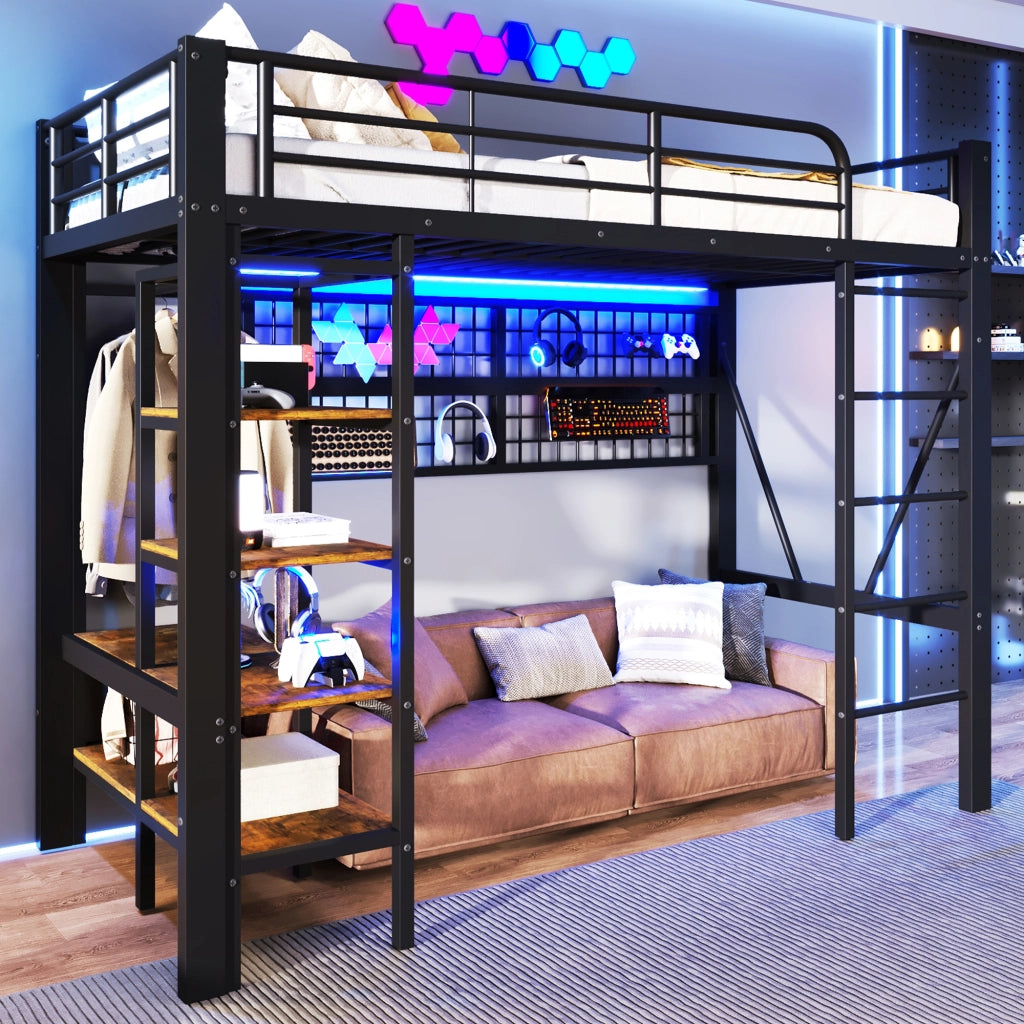 Letto per bambini a soppalco 90x200 cm con LED; ripiani e rete appendiabiti; metallo e MDF nero