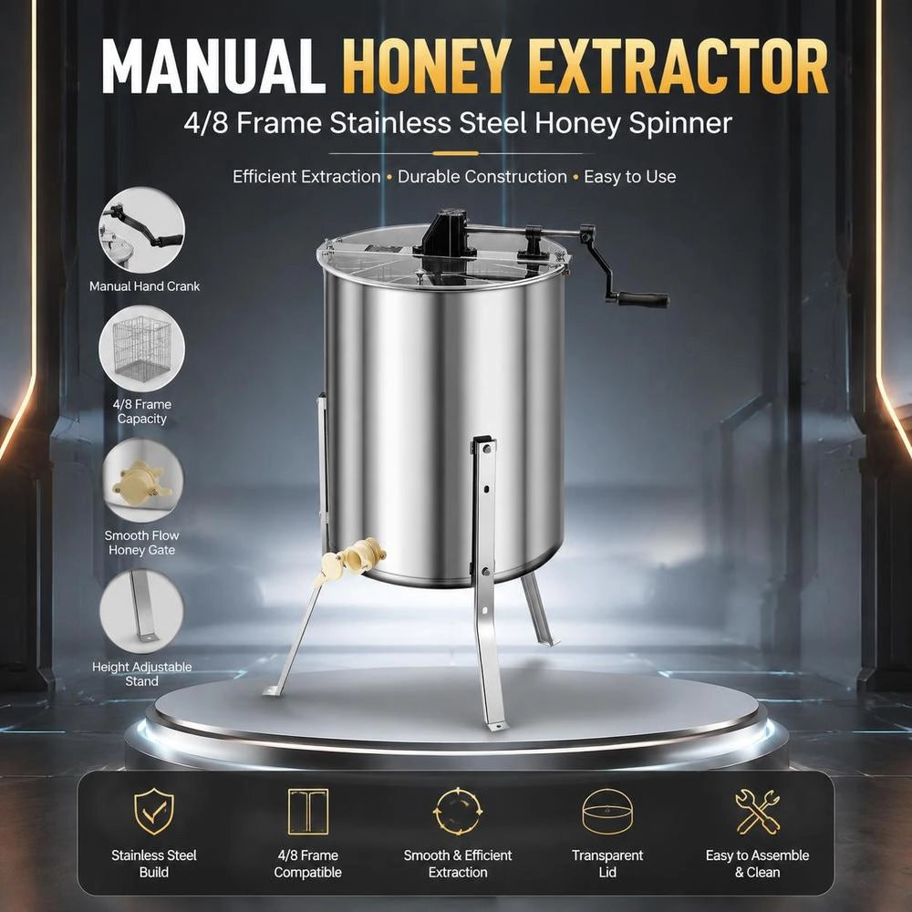 Honey Extractor, 4/8 Frame, Manual Tangential Extractor With Transparent Lid, Stainless Steel Honey Extractor With Height-adjustable Stand, Comb Extraction Device For Beekeeping