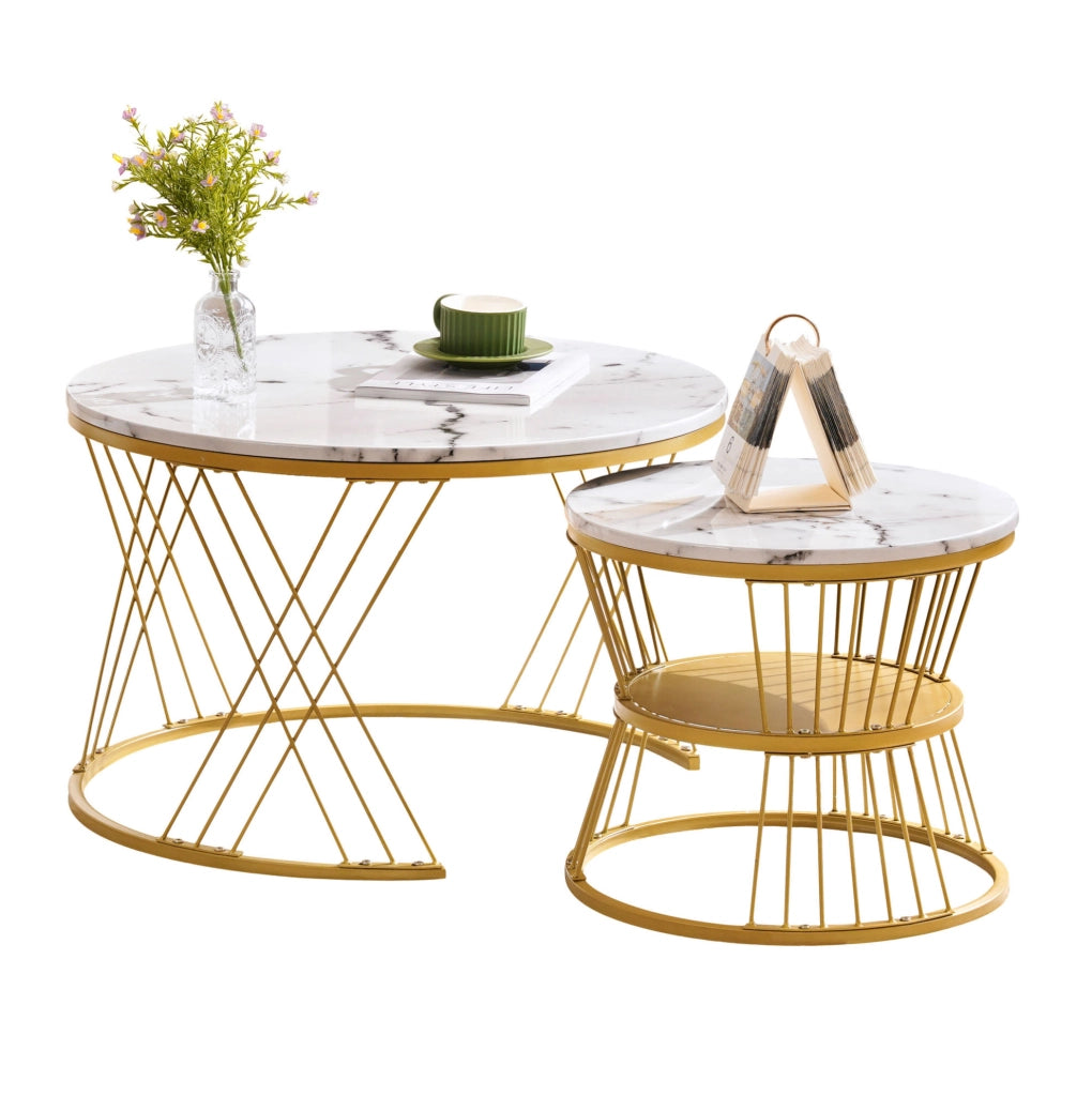 TAVOLINO da caffè set 2 pezzi rotondo impilabile 70/45 cm MDF bianco e oro