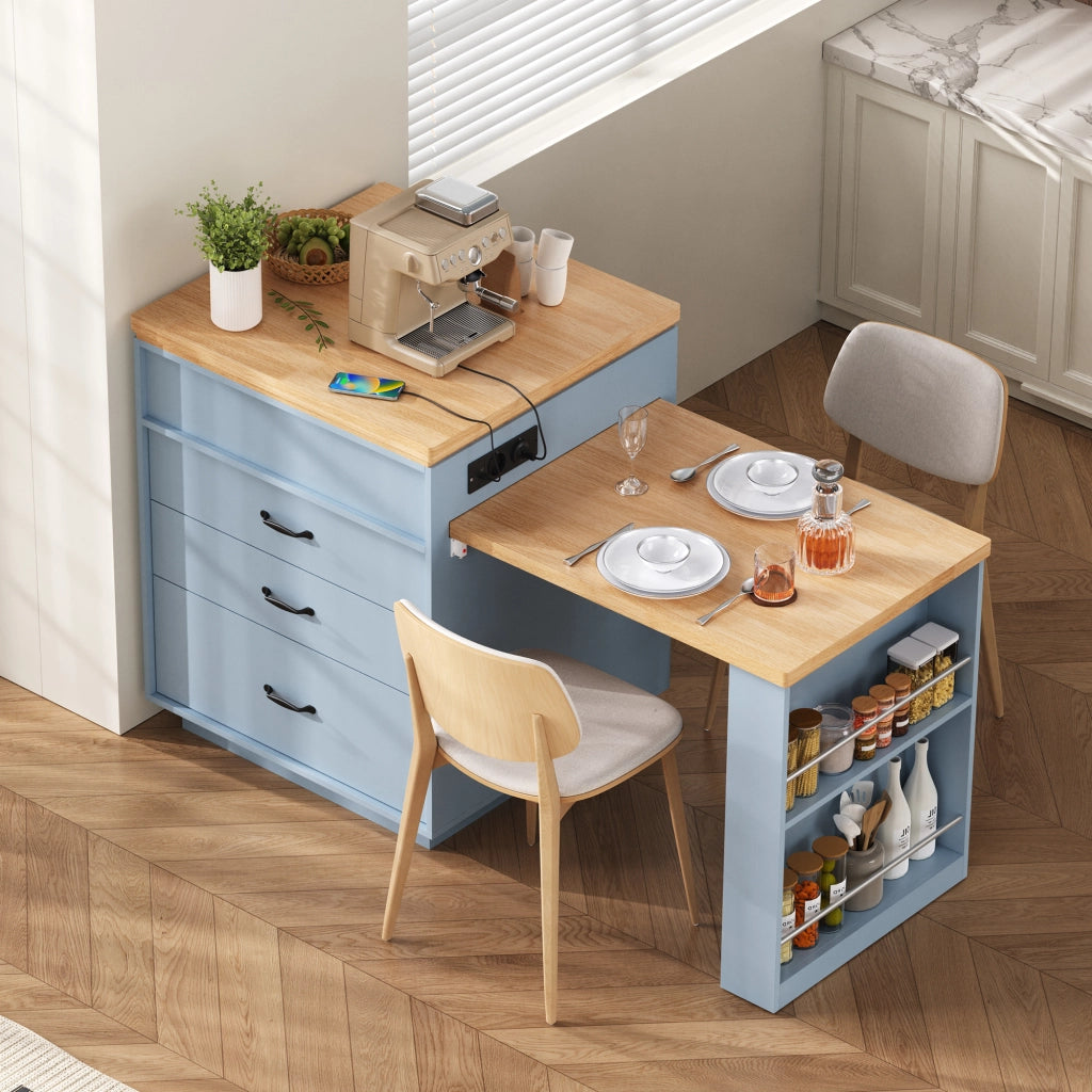 Tavolo allungabile per cucina con ripiani cassetti LED USB e Type-C blu 125.5 × 71 × 93 cm