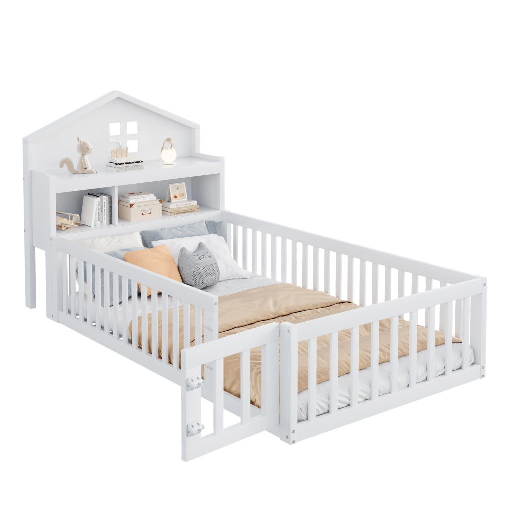 Letto per bambini 90x200 cm a casetta con lavagna, ripiani e barriera bianco