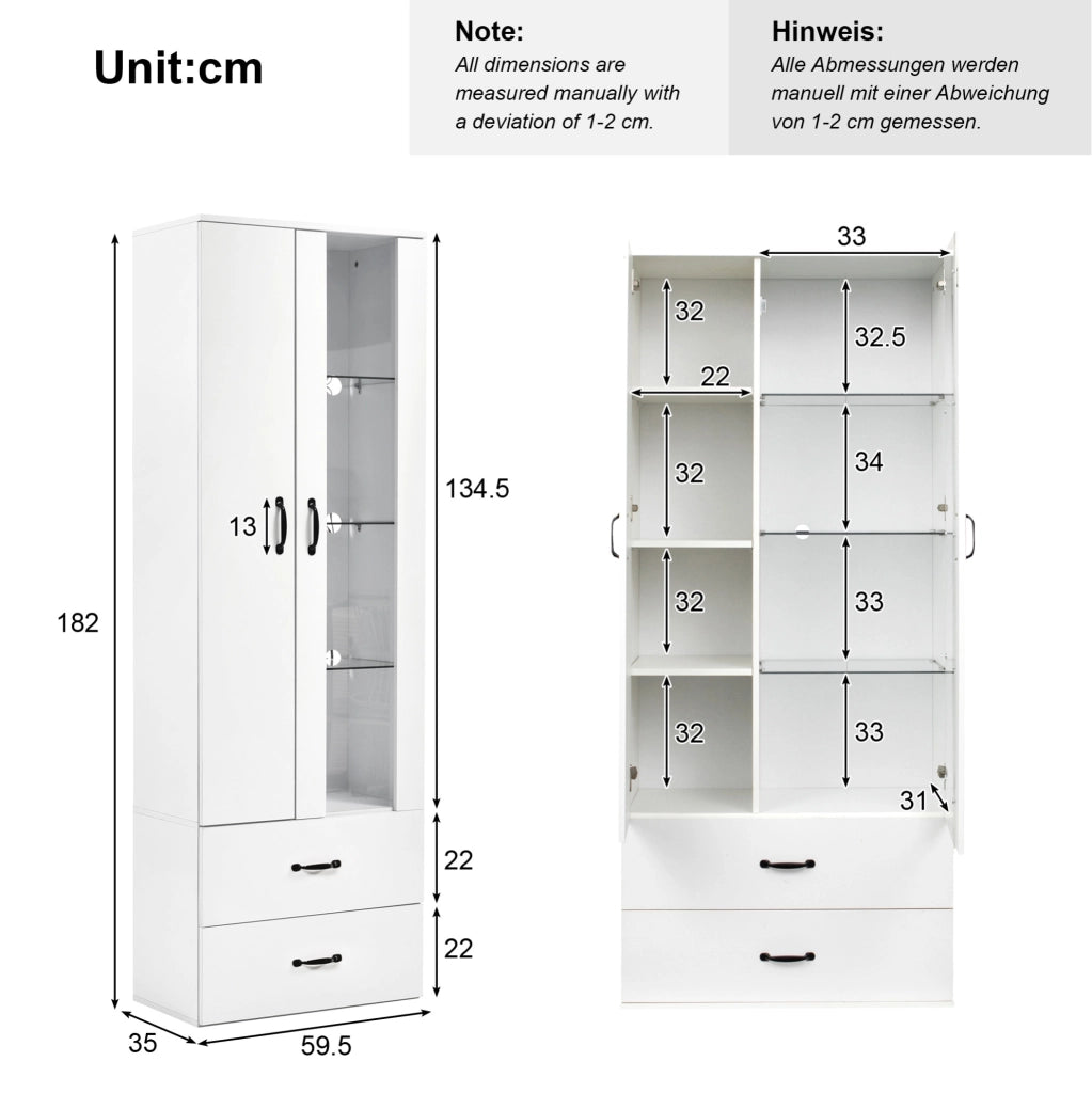 Vetrina 59,5x35x182 cm con LED Bluetooth, 2 ante e 2 cassetti bianca