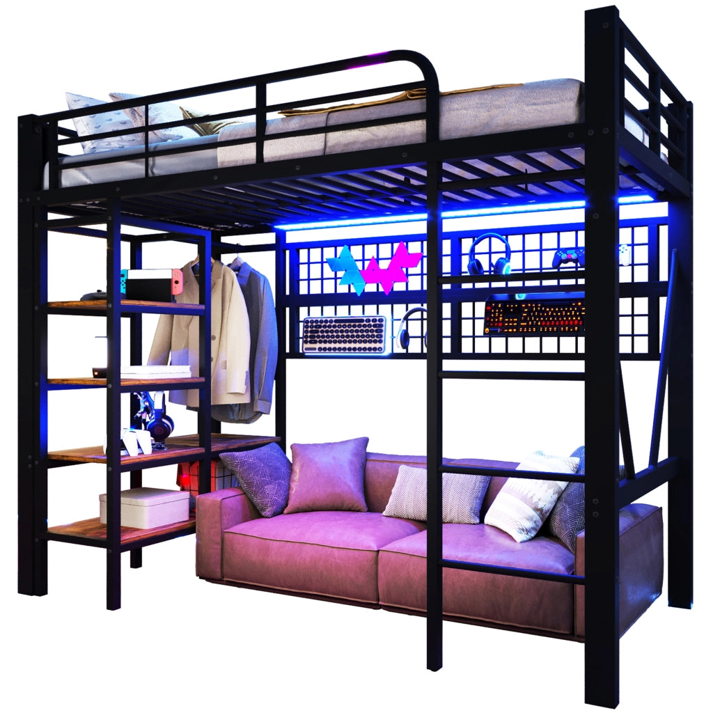 Letto per bambini a soppalco 90x200 cm con LED; ripiani e rete appendiabiti; metallo e MDF nero