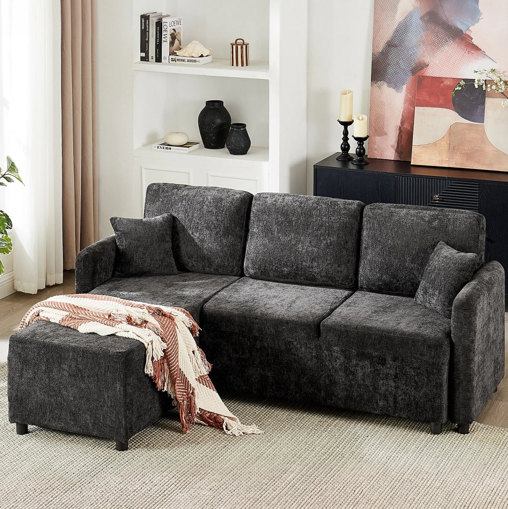 DIVANO 3 POSTI L con zona relax, Chenille nero, 2 cuscini inclusi