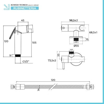 Set doccetta bidet cromata in abs con pulsante on/off e supporto con rubinetto