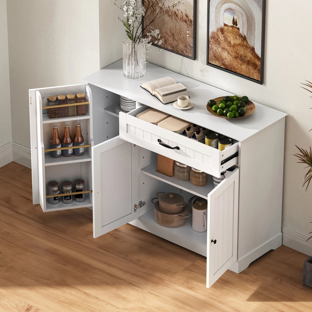 Credenza moderna bianca in MDF con 3 ante; cassetto e ripiani regolabili