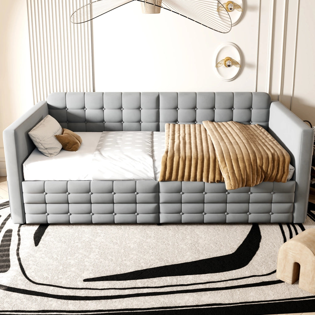 Letto da giorno 90x190cm - divano - letto - cassetti portaoggetti - tasche laterali - velluto - Grigio chiaro