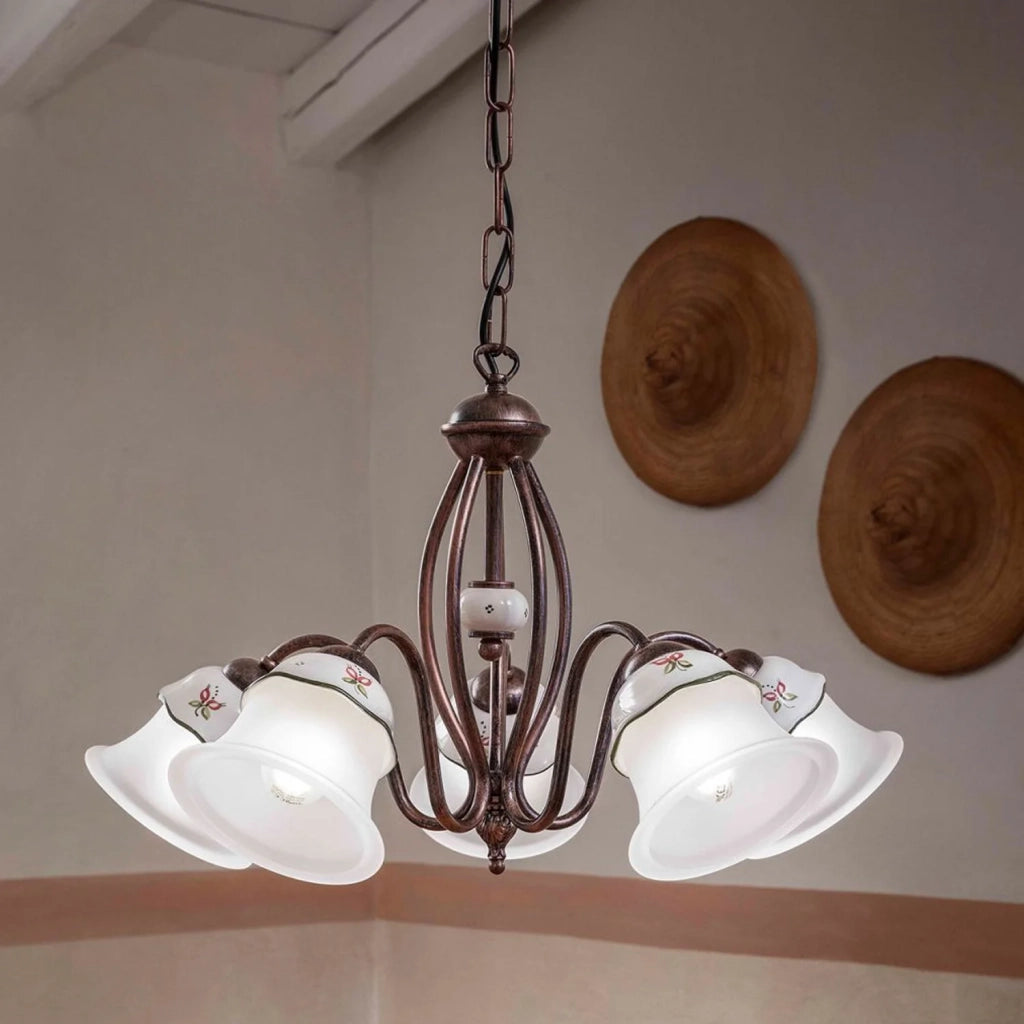 Lampadario Classico Ferrara Metallo E Ceramica Nero Sfumato Rame 5 Luci E14