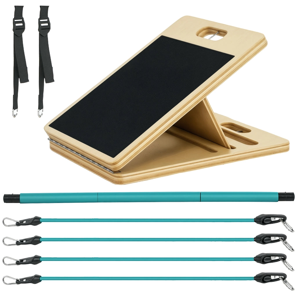 Set Barra per Pilates con Fasce di Resistenza e Pedana Inclinata Regolabile in Legno, Attrezzo Fitness per Casa, Blu