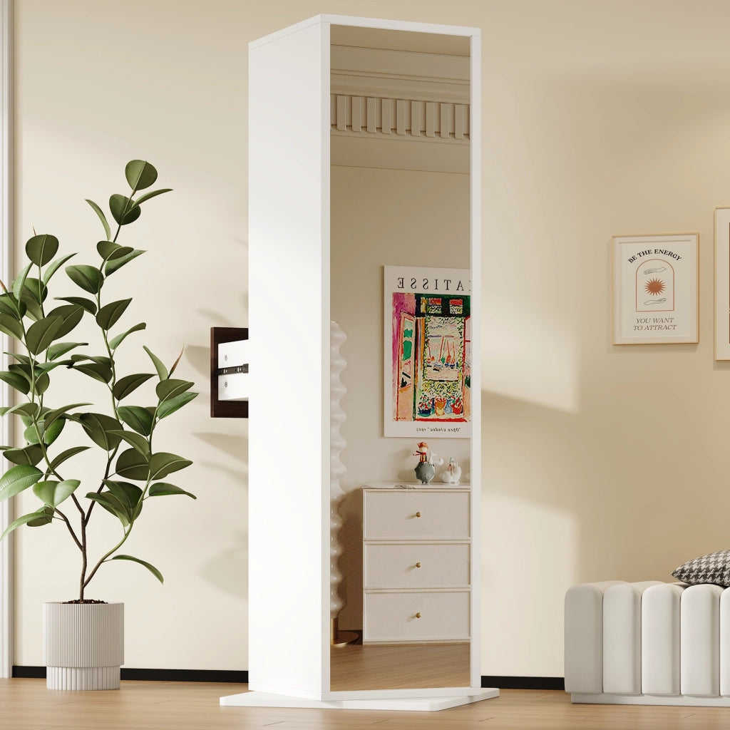 Vetrina girevole 45x45x168 cm con specchio a figura intera in MDF bianco