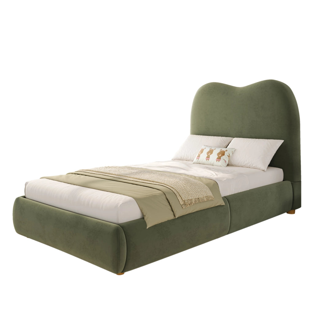 Letto imbottito per bambini verde in velluto con contenitore