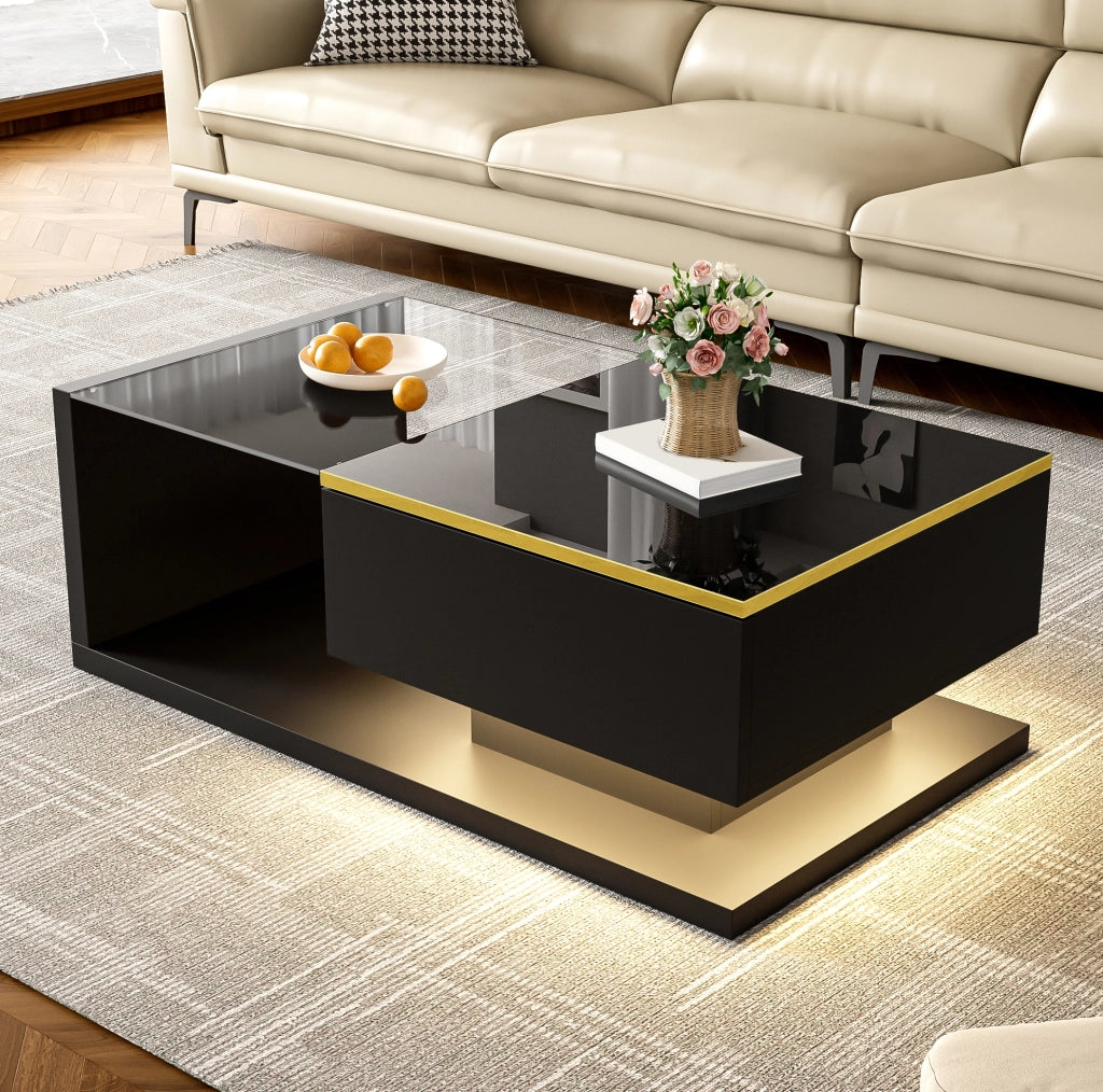 Tavolino da salotto nero lucido con vetro e illuminazione LED 90 cm