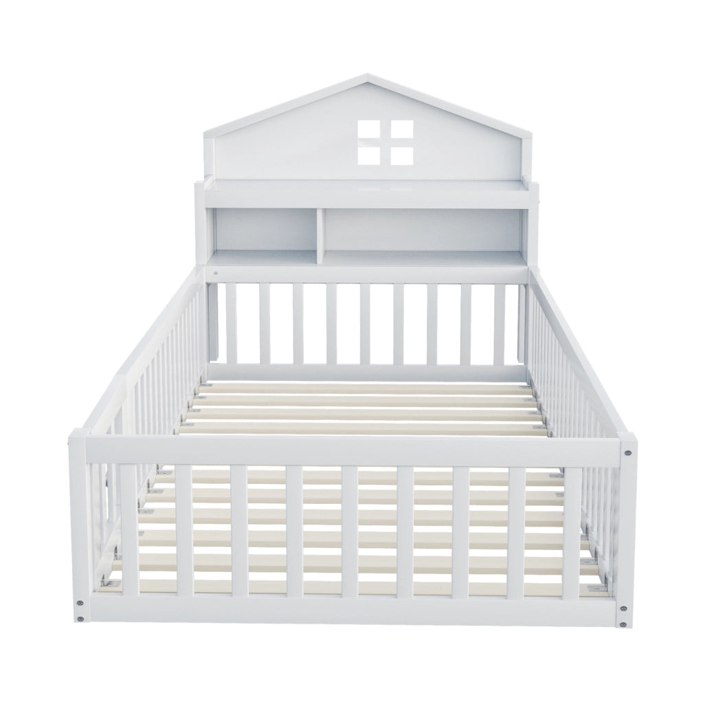 Letto per bambini 90x200 cm a casetta con lavagna, ripiani e barriera bianco
