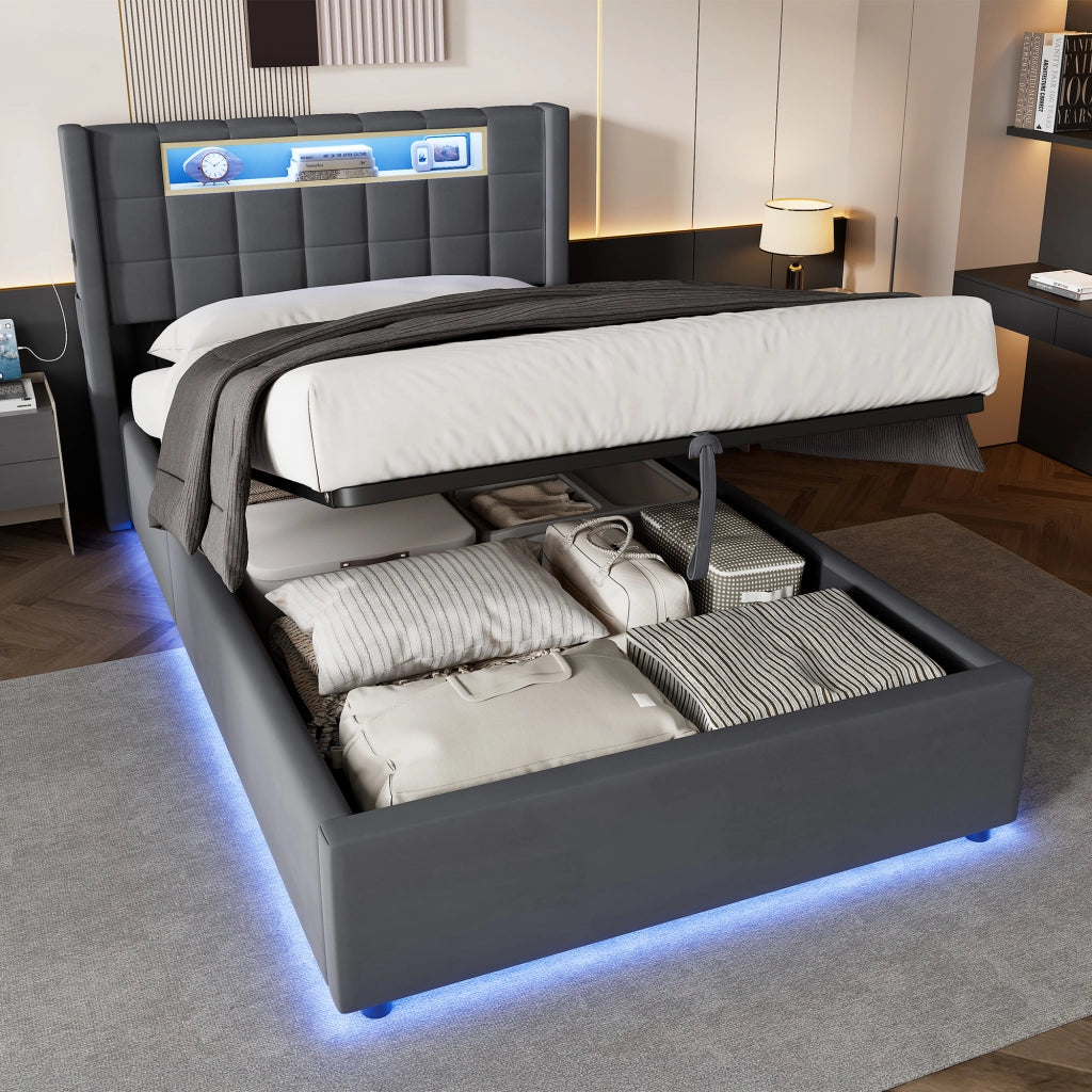 Letto singolo contenitore idraulico con LED e ricarica 90 x 200 cm