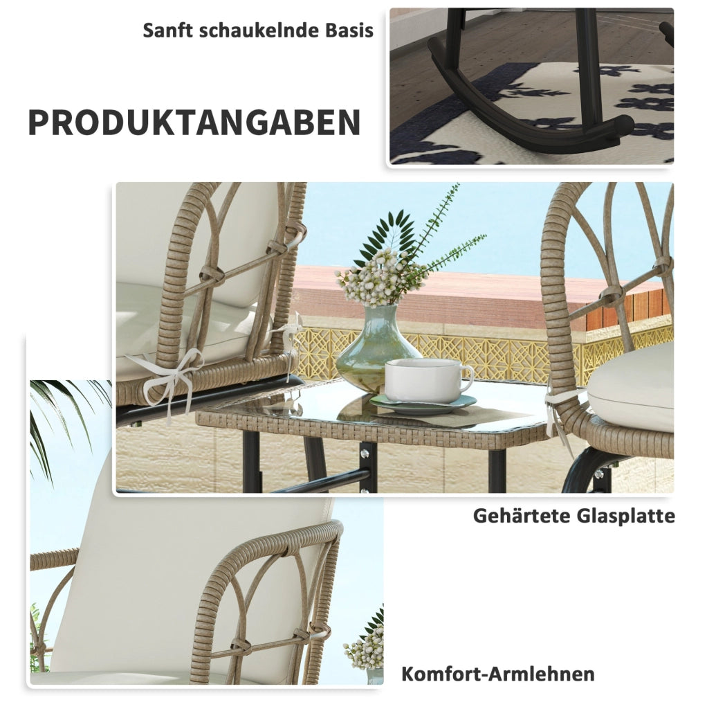 Set da giardino in rattan 3 pezzi con 2 sedie a dondolo e tavolino con cuscini, per terrazza e balcone