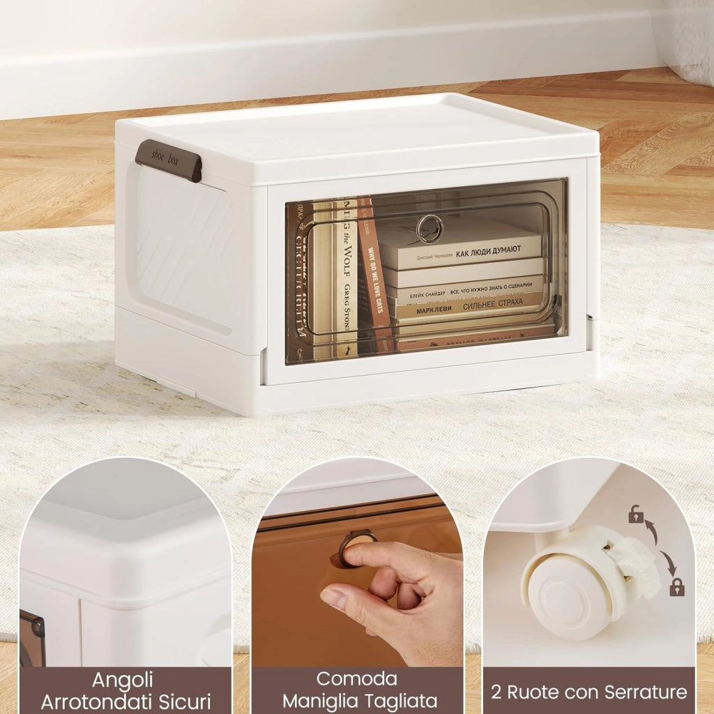 Set da 3 Contenitori Impilabili, Scatole Pieghevoli da 75/105 L con Ruote Bloccabili Porta e Coperchio, Organizzatori per Armadio, Multiuso per Casa Dormitorio (41 x 31,5 x 72,5 cm)
