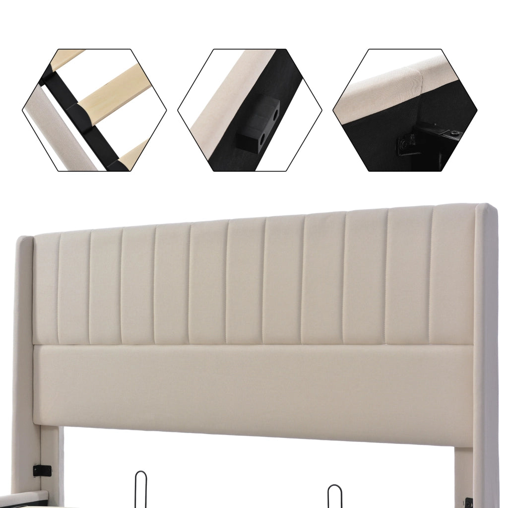 Letto contenitore 140x200 cm imbottito in lino beige