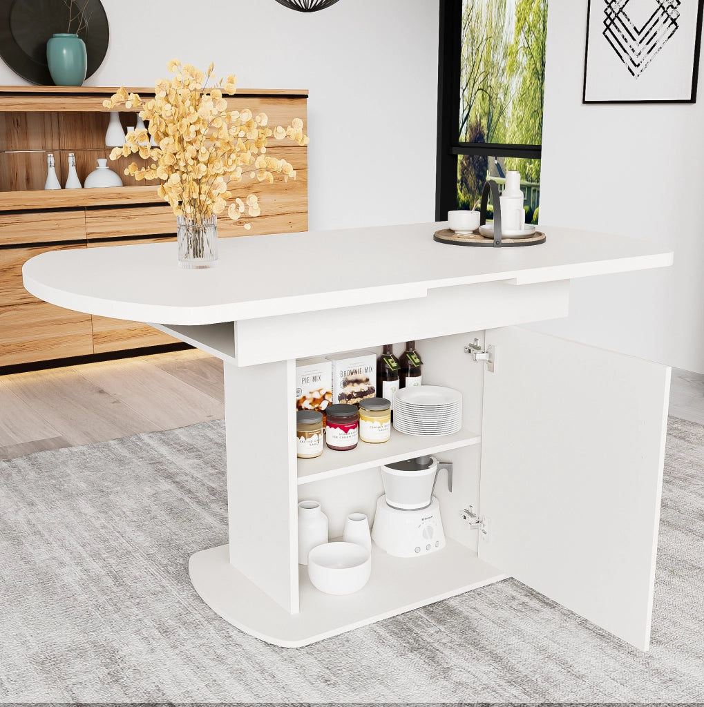 Tavolo da pranzo allungabile con vani contenitore; bianco e argento