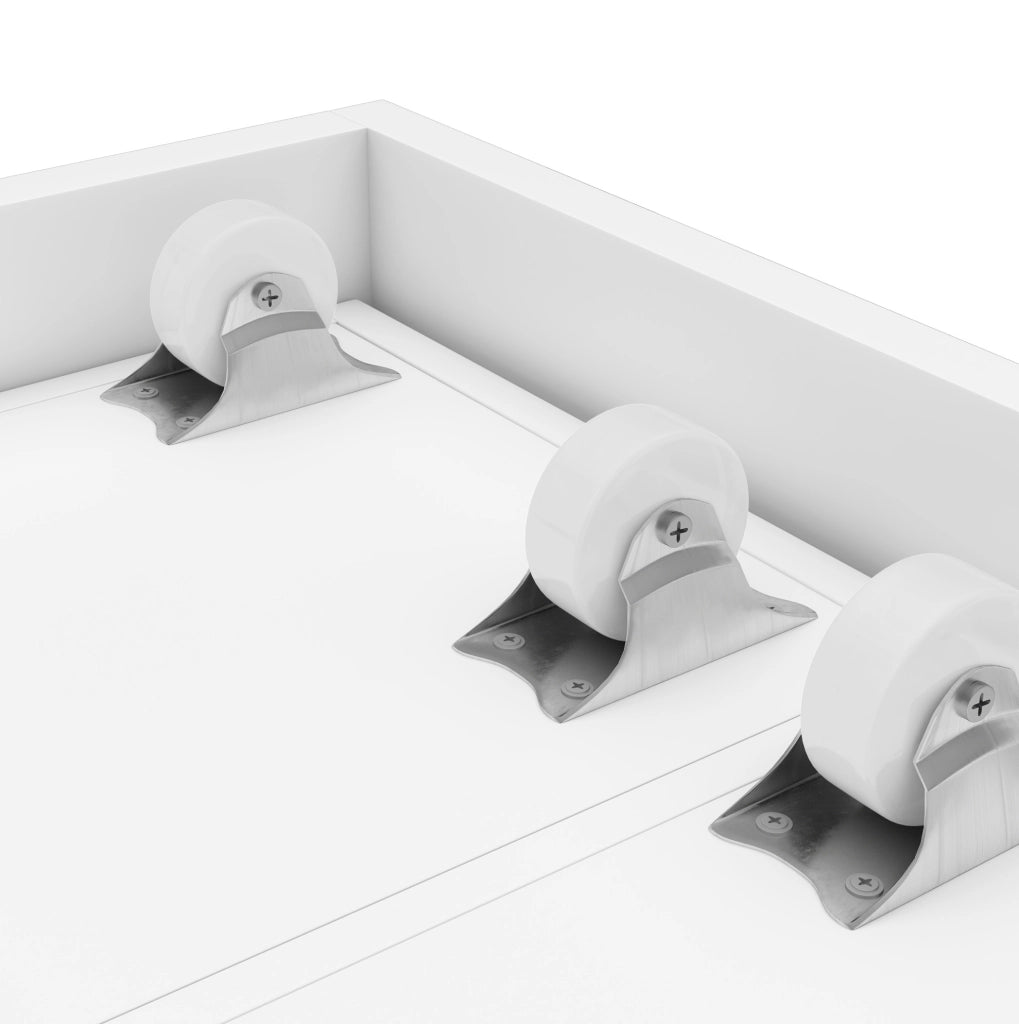 Libreria estensibile su ruote; 4 ripiani per modulo; MDF; bianco