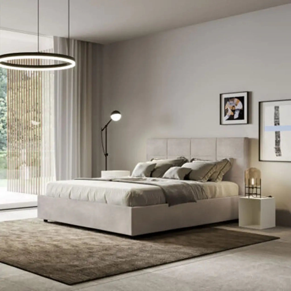 Letto matrimoniale con rete imbottito 160x210 microfibra sabbia Mika