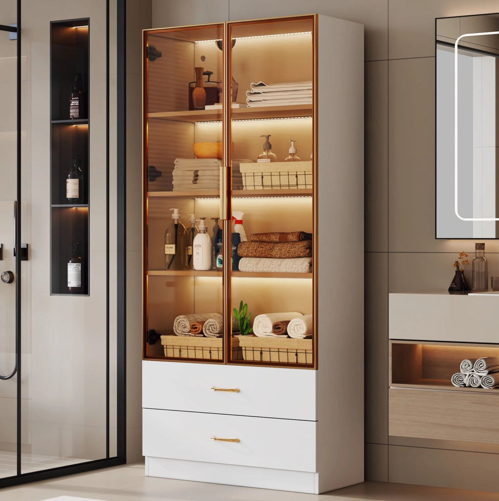 Mobile bagno alto in MDF bianco con ripiani aperti e vetro temperato