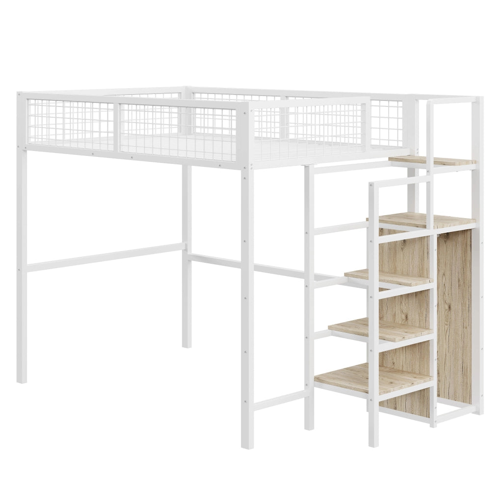 Letto a soppalco 140x200 cm con scala e armadio; bianco