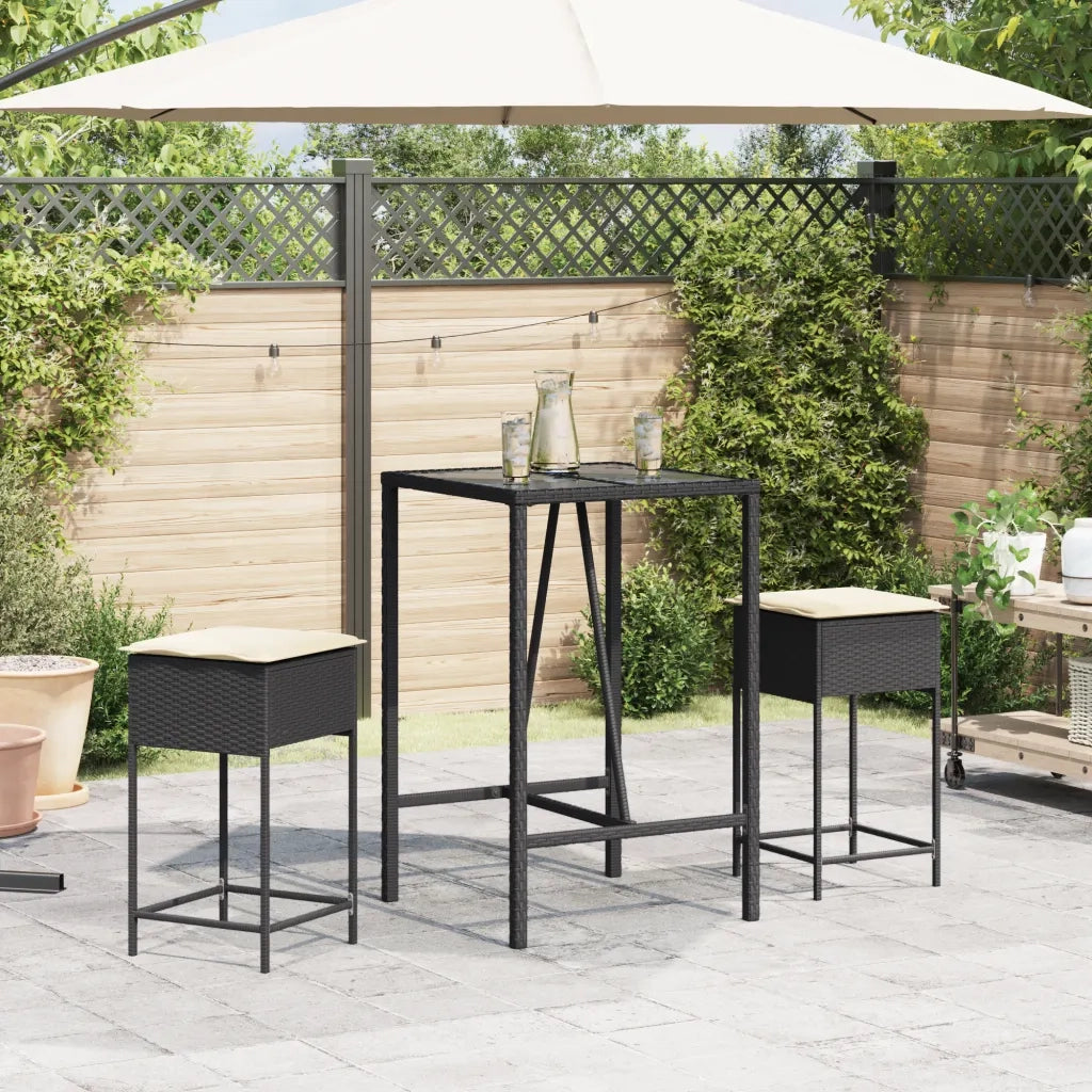 Set Bar da Giardino 3 pz con Cuscini in Polyrattan Nero 3261460
