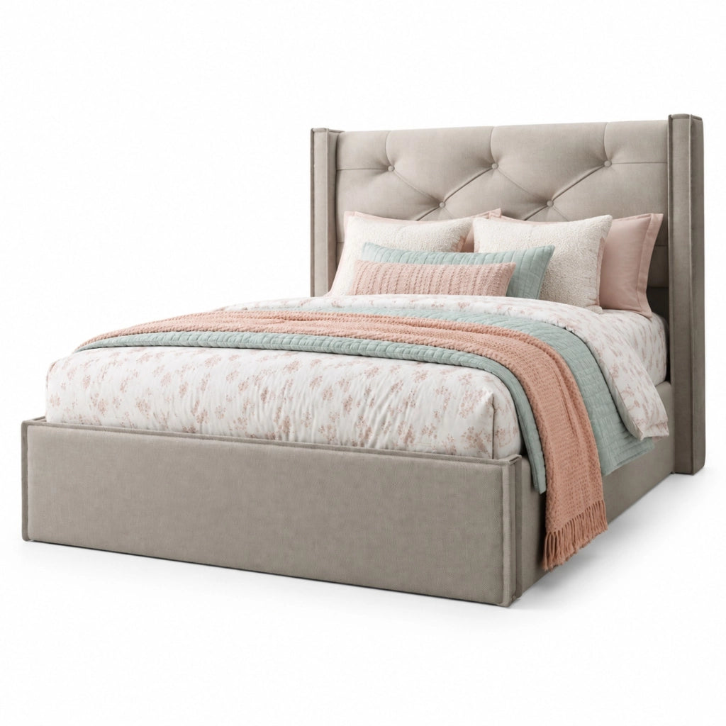 Letto singolo imbottito 90x200 cm con contenitore e rete sollevabile, grigio chiaro
