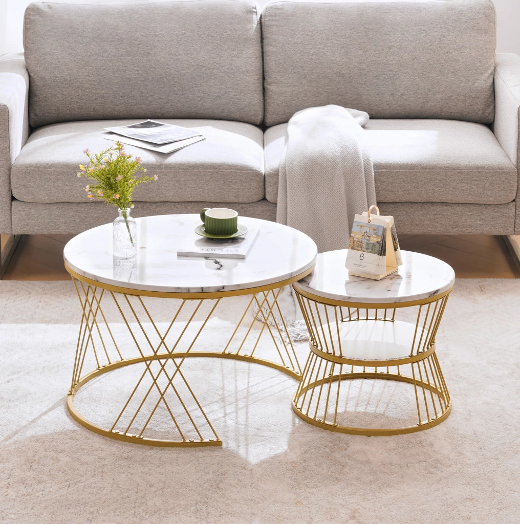 TAVOLINO da caffè set 2 pezzi rotondo impilabile 70/45 cm MDF bianco e oro