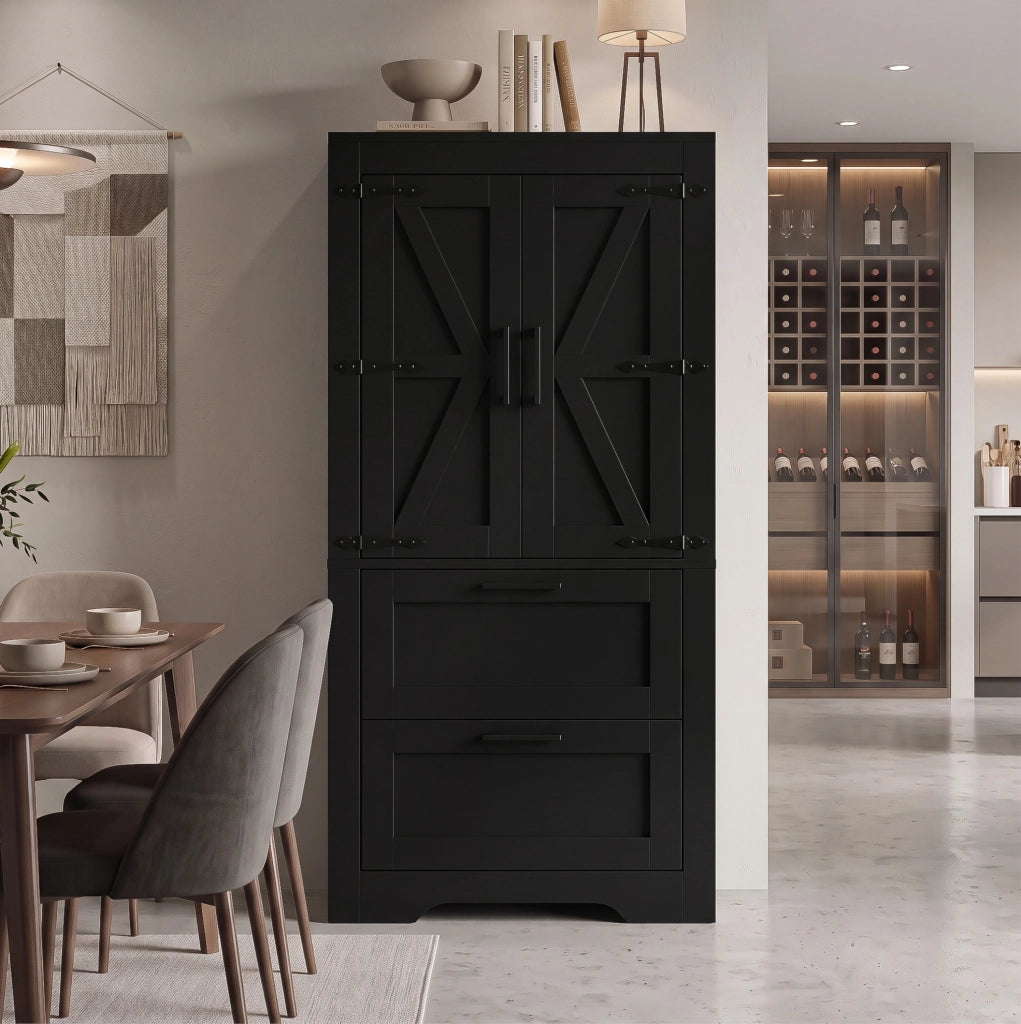 Credenza alta stile rustico con 2 cassetti e ripiani regolabili; MDF; nera