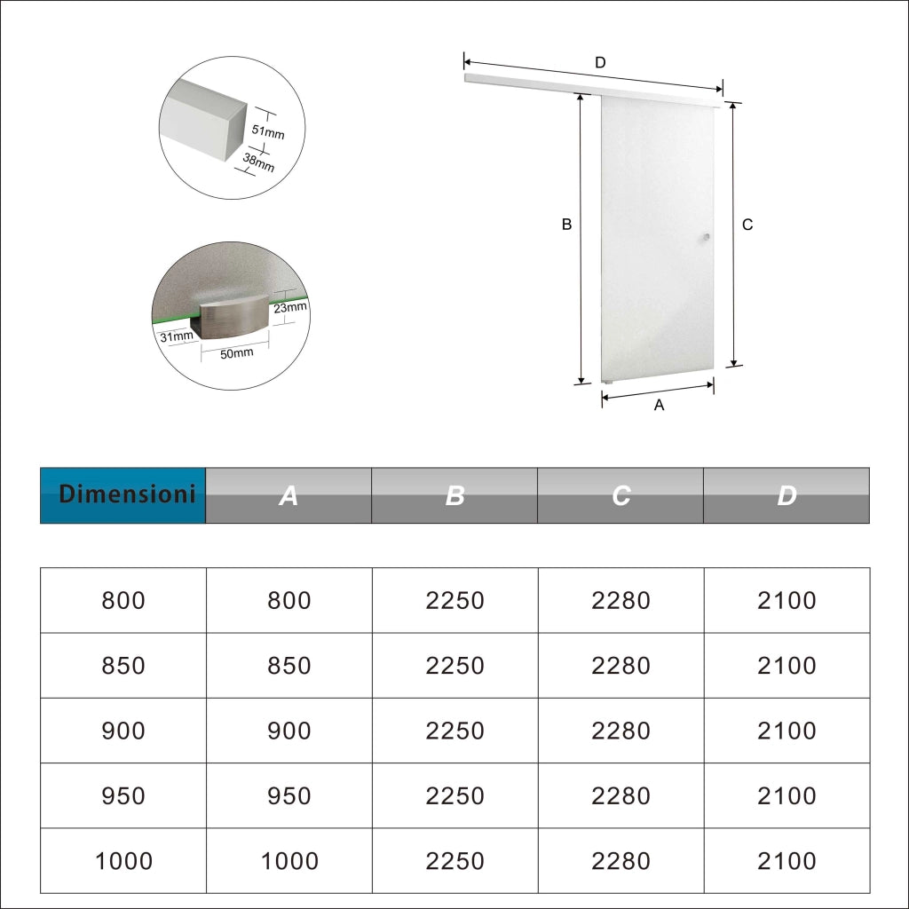 90x225 cm Porta Scorrevole in Vetro da 8 mm Temperato Opaco con Pellicola Anti-frantumi con Binario in Alluminio Bianco Verniciato