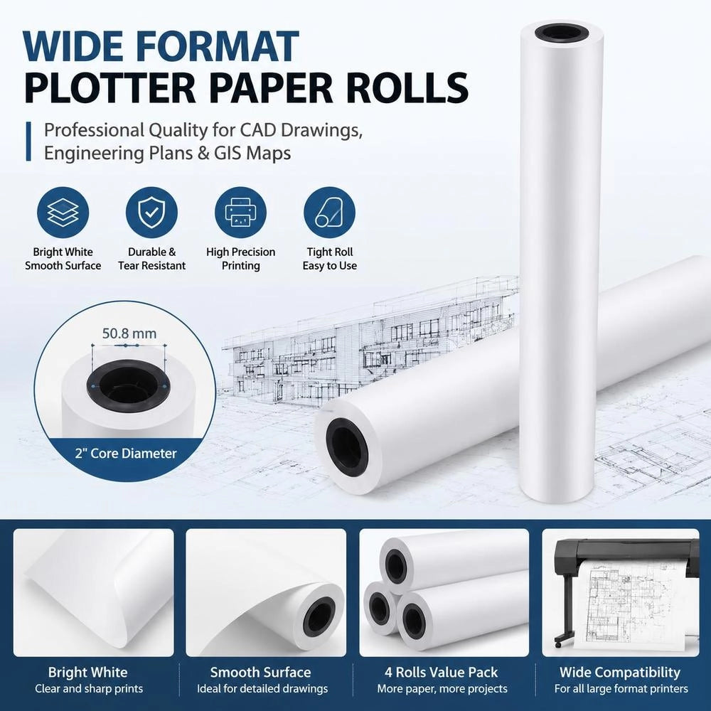 Large Format Plotter Paper 45.7 M X 609.6 Mm 4 Rolls CAD Bond Rolls With 50.8 Mm Core, Drawing Rolls For CAD Drawings, Technical Plans, GIS Maps And Architectural Designs