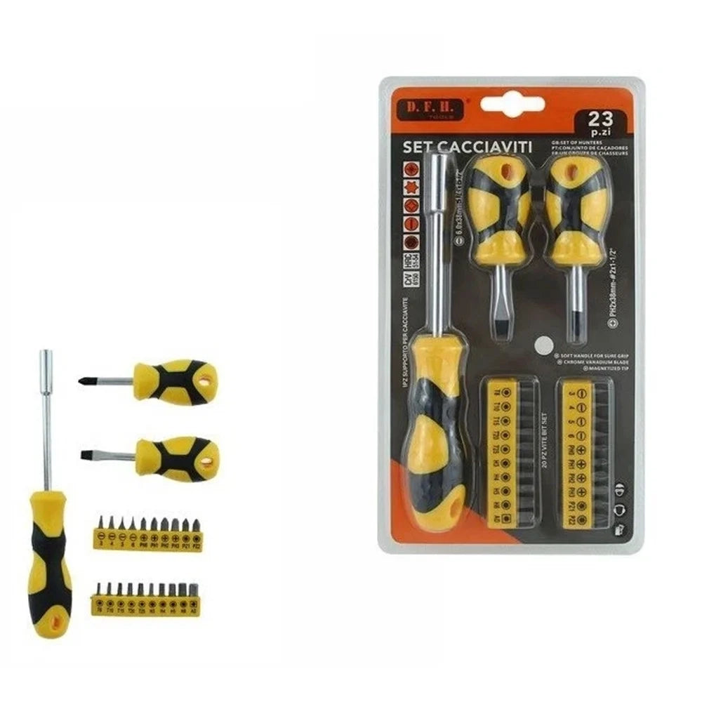 Trade Shop - Set Cacciaviti 23 Pz Con Supporto Magnetico Attrezzi Fai Da Te Con Porta-punte 74691 -